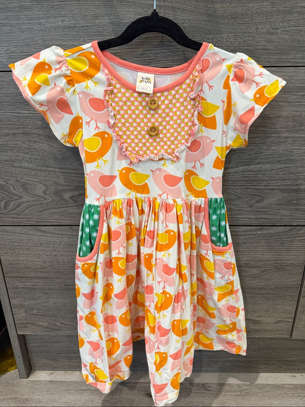Wildflowers Pink, Yellow & Green Bird-Print Ruffle Dress